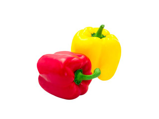 fresh red and yellow sweet peeper or bell pepper vegetable lay down. beauty capcicum decorative foods. Isolated on white background with clipping path