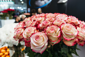 Close-up beautiful bouquets of large fresh roses at the flower fair.