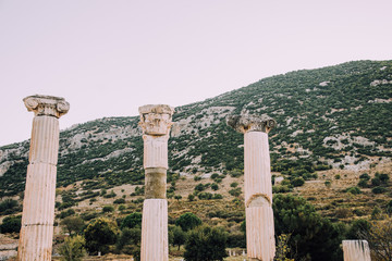 Antique city of Ephesus.Ruins of an ancient city in Turkey.Selcuk, Kusadasi,Turkey.Archaeological site,expedition.Remains of an abandoned ancient Greek city.Antique statues and columns.Place for text.