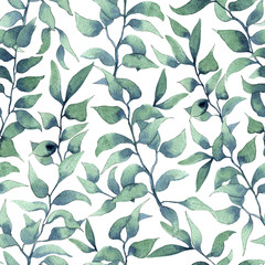 Watercolor leaves pattern on white background. Seamless pattern with hand drawn leaf. Background with floral illustration. Botanical pattern. Floral fabric texture. 