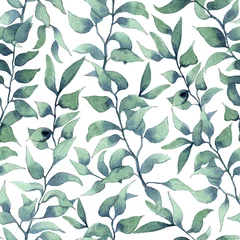 Fotobehang Aquarel bladerprint Aquarel laat patroon op witte achtergrond. Naadloos patroon met hand getrokken blad. Achtergrond met bloemenillustratie. Botanische patroon. Bloemen stof textuur.
