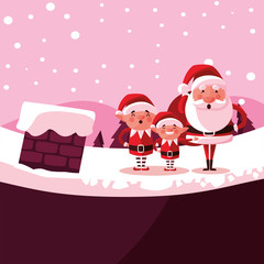 Merry christmas santa and elfs cartoons vector design