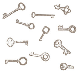 Set Vintage Stylized Hatched Vector Keys  - Generative Graphic Design