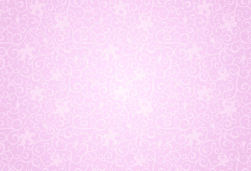 Pink background with curls and lily flowers, floral, retro style.