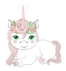 unicorn with green eyes and flowers