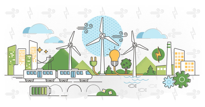 Wind Energy Vector Illustration. Green Alternative Power In Outline Concept