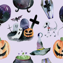 Halloween holiday seamless pattern with ghosts, pumpkins, house, witch hat and broom on white background with hand drawing watercolor elements.