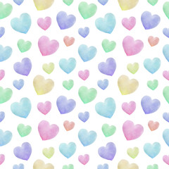 Watercolor seamless pattern with colorful hearts. Valentines background abstract illustration.