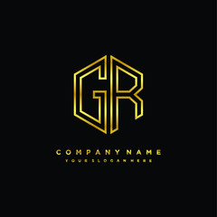 Initial letter GR, minimalist line art monogram hexagon logo, gold color