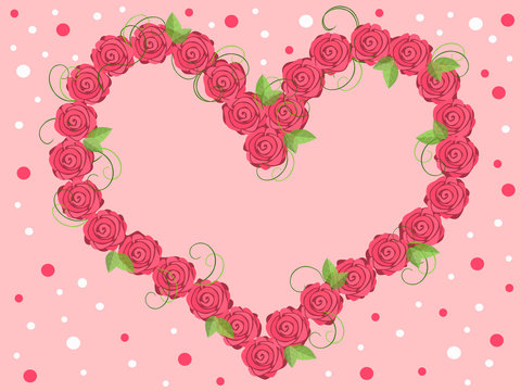 Frame of red roses in the form of a heart for Valentine's Day.