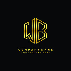 Initial letter WB, minimalist line art monogram hexagon logo, gold color