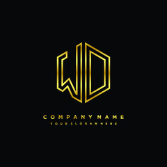 Initial letter WD, minimalist line art monogram hexagon logo, gold color