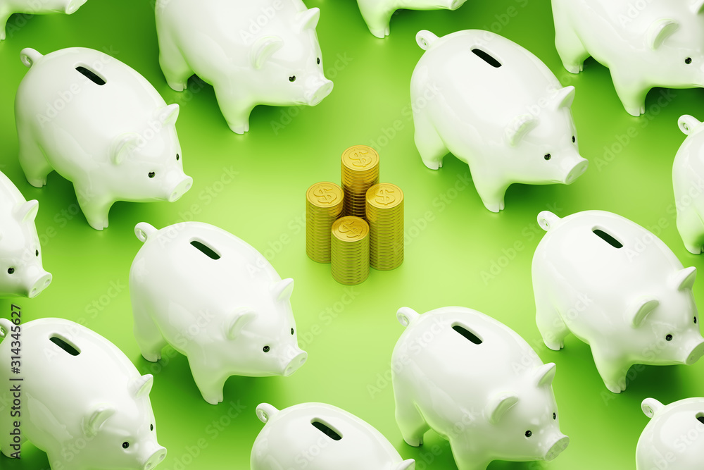 Poster it's time to spend savings. stacks of dollar coins placed among of piggy banks arranged to rows. 3d 