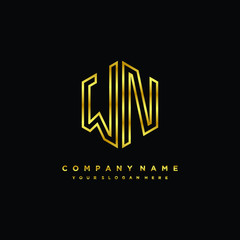 Initial letter WN , minimalist line art monogram hexagon logo, gold color