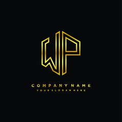 Initial letter WP , minimalist line art monogram hexagon logo, gold color