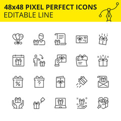 Scaled Icons of Gift and Surprise boxes. Includes Gift card, Air Balloons, Envelope, Postcard etc. Pixel Perfect Editable Set 48x48. Vector.