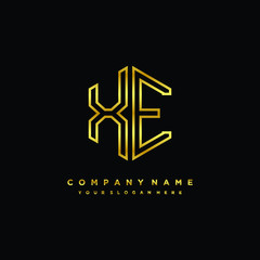 Initial letter XE, minimalist line art monogram hexagon logo, gold color