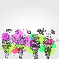 Ink hand drawn background with ice cream, italian dessert gelato, frozen yogurt. Food elements collection for menu or signboard design. Vector illustration.