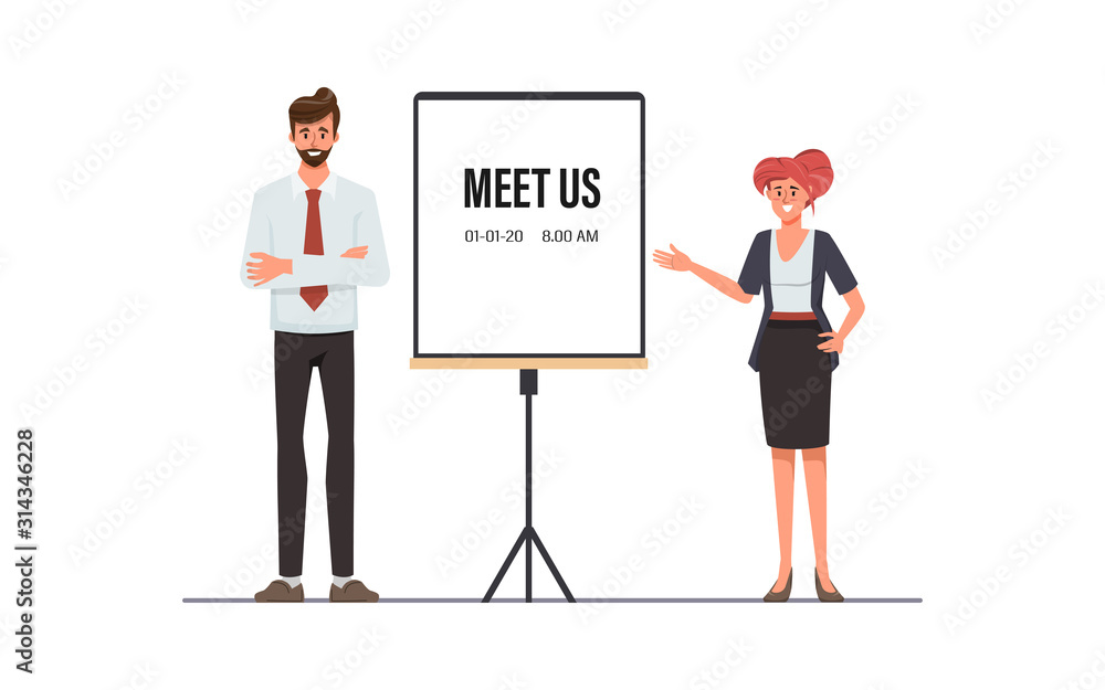 Wall mural business people discussing and presenting whiteboard flat vector illustration.