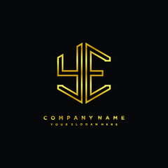 Initial letter YE, minimalist line art monogram hexagon logo, gold color