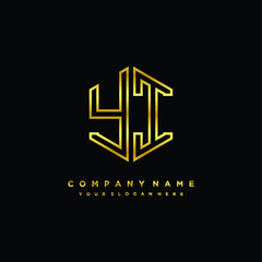 Initial letter YI , minimalist line art monogram hexagon logo, gold color