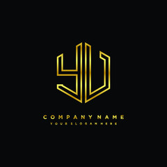 Initial letter YV , minimalist line art monogram hexagon logo, gold color