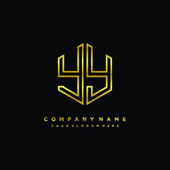 Initial letter YY , minimalist line art monogram hexagon logo, gold color