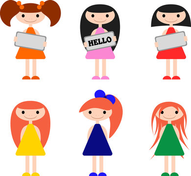 Cute little girls with different hairstyles and clothes that are different in color. Girls holding a sign in their hands. 6 options.