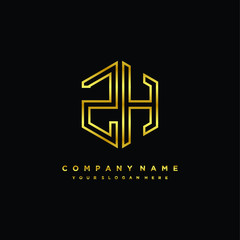 Initial letter ZH, minimalist line art monogram hexagon logo, gold color