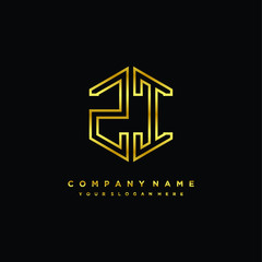 Initial letter ZI, minimalist line art monogram hexagon logo, gold color
