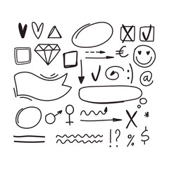 A set of elements for a diary, diary, Notepad. Cute hand drawn Doodle frames, banner, arrows, marker, emoticons, Doodle. A hand-drawn set of icons and symbols for the diary. Isolated on a white set.