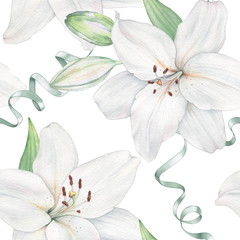 White lily. Watercolor painting. Seamless pattern. Decorative element suitable for Wallpaper, wrapping paper and backgrounds
