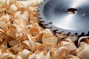 Metal blade of circular and wood shavings.