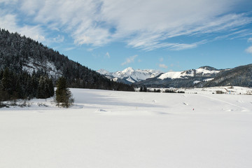 Fototapeta na wymiar snow-covered cross-country ski run trail and winter path in the ski area