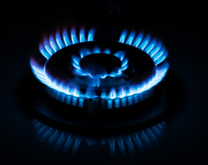 Natural gas burning on kitchen gas stove in the dark. Selective focus