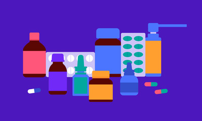 Medical bottles and pills on a lilac background. Pharmacy Poster. Vector illustration