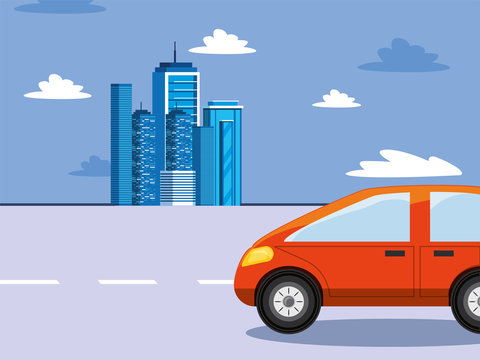 Car on the street in front of buildings vector design