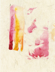 Abstract red painting on organic paper substrate with textures and color tones. 