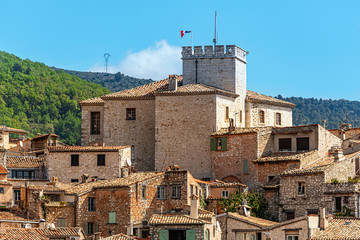 Tourrettes-sur-Loup medieval village in Southeastern France. The tower is dominating ancient constrictions. Alpes Maritimes.