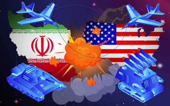Map and flag of american and Iran, World war​ 3, USA and Iran,illustration of firing missiles. Iran USA conflict 2020 Middle East crisis. Iran versus USA, vector illustration.