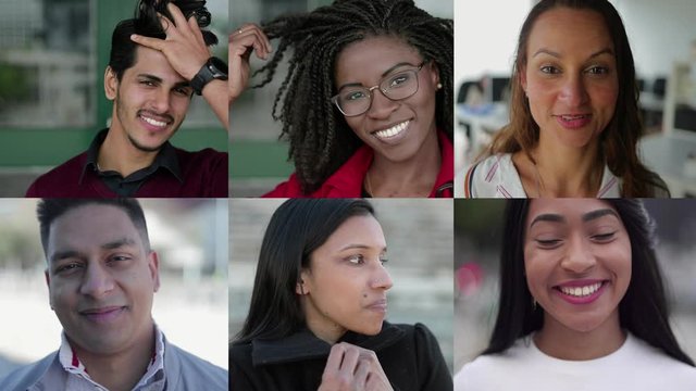 Confident multiethnic people smiling at camera. Multiscreen montage of cheerful multiethnic men and women posing and looking at camera. Facial expression concept