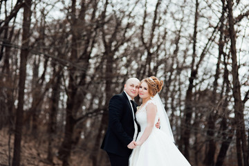 The bride and groom in the garden. Wedding in park autumn. Happy wedding couple posing. Stylish and beautiful. Princess's dress. Wedding. Newlywed couple, groom and bride together