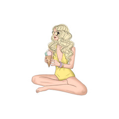 Blonde Hair Girl Sitting With A Ice Cream Isolated On A White Background Hand Drawn