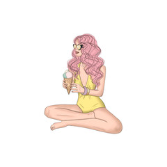 Pink Hair Girl Sitting With A Ice Cream Isolated On A White Background Hand Drawn