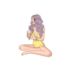 Purple Hair Girl Sitting With A Ice Cream Isolated On A White Background Hand Drawn