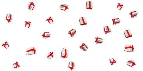 Surprise gifts. Gift boxes with Lush Lava ribbons isolated on white. Christmas background with Surprise boxes