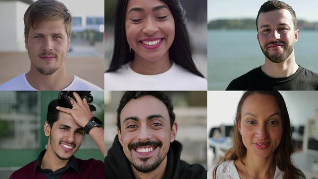 Collage of attractive diverse people looking at camera. Multiscreen montage of cheerful multiethnic men and women posing and smiling at camera. Facial expression concept