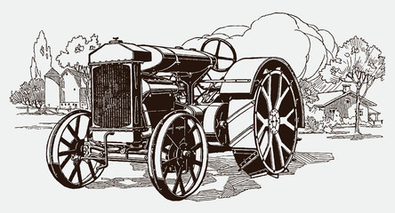 Fototapeta na wymiar Historical tractor in three-quarter view in front of a farm building. Illustration after an engraving from the early 20th century