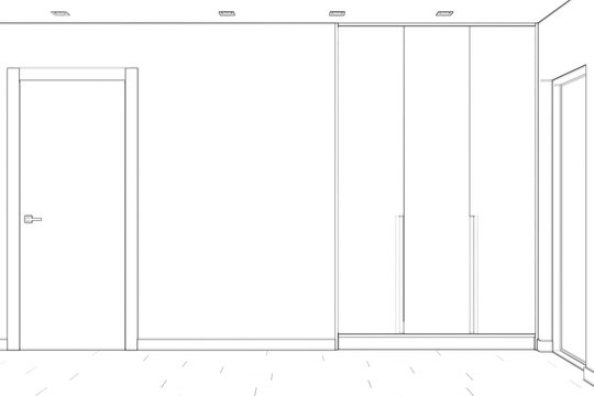 Sketch of the empty hallway with closed doors,wardrobe, tiled floor and empty wall. Front view. 3d illustration