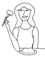 Illustration of a smiling woman eating something with a fork